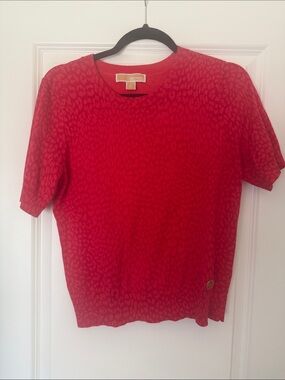 Michael Kors Bright Red Animal-Print Short Sleeve Knit Top